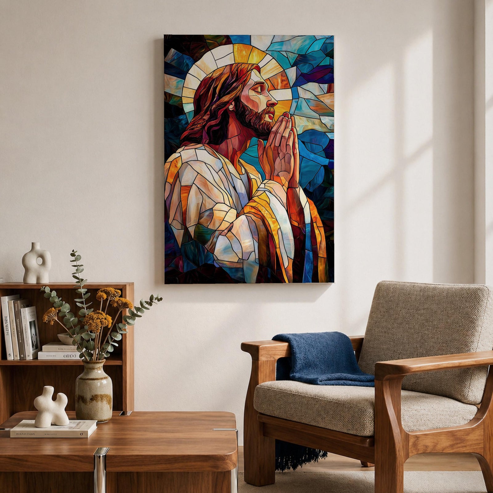 Modern stained glass style illustration of Jesus Christ shown praying with hands clasped and head bowed, portrayed with a calm expression and soft halo, composed of luminous jewel toned glass segments and radiant light patterns, rendered with clean lines and glowing color in a contemporary Christian devotional composition.