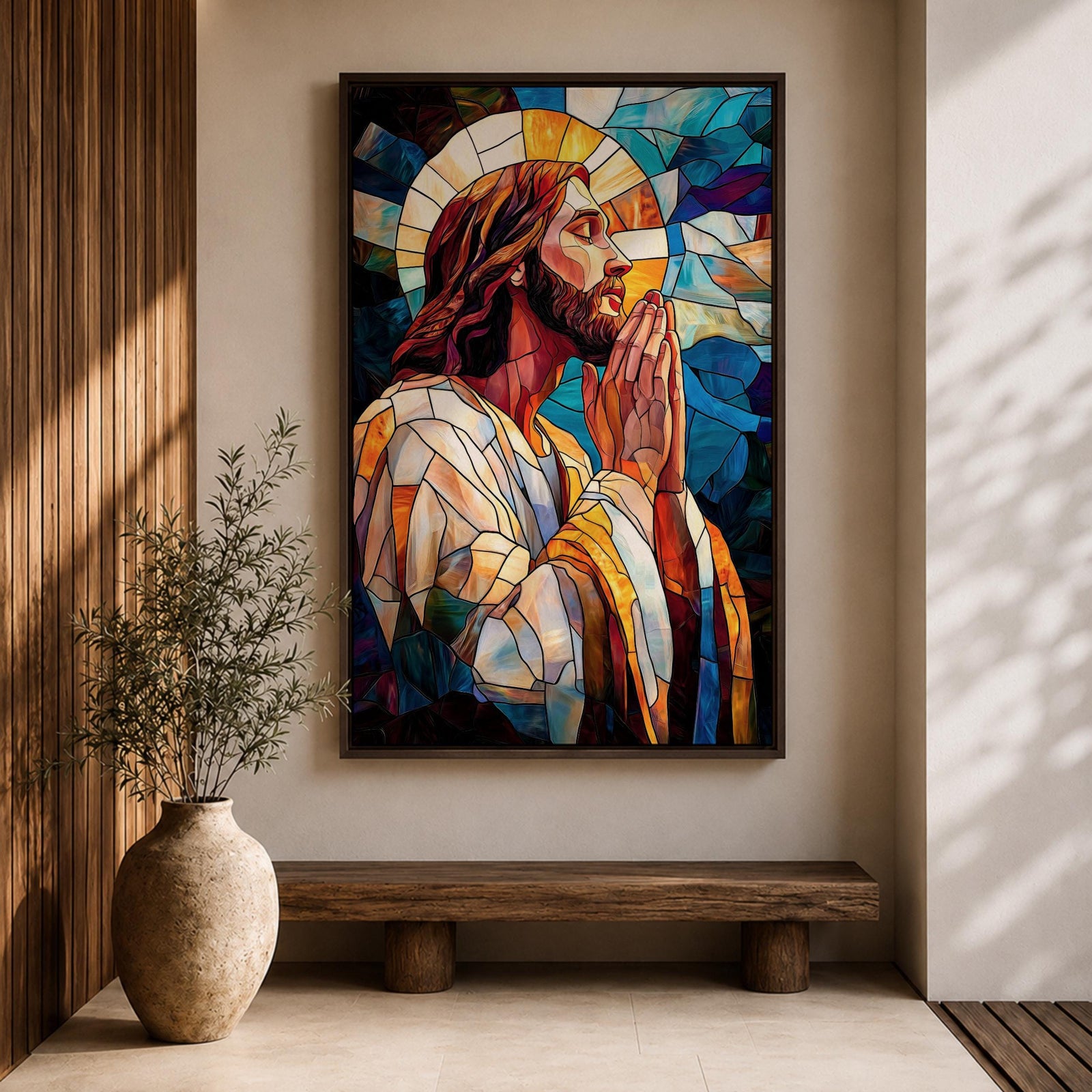 Modern stained glass style illustration of Jesus Christ shown praying with hands clasped and head bowed, portrayed with a calm expression and soft halo, composed of luminous jewel toned glass segments and radiant light patterns, rendered with clean lines and glowing color in a contemporary Christian devotional composition.