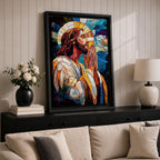 Modern stained glass style illustration of Jesus Christ shown praying with hands clasped and head bowed, portrayed with a calm expression and soft halo, composed of luminous jewel toned glass segments and radiant light patterns, rendered with clean lines and glowing color in a contemporary Christian devotional composition.
