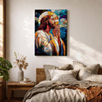 Modern stained glass style illustration of Jesus Christ shown praying with hands clasped and head bowed, portrayed with a calm expression and soft halo, composed of luminous jewel toned glass segments and radiant light patterns, rendered with clean lines and glowing color in a contemporary Christian devotional composition.
