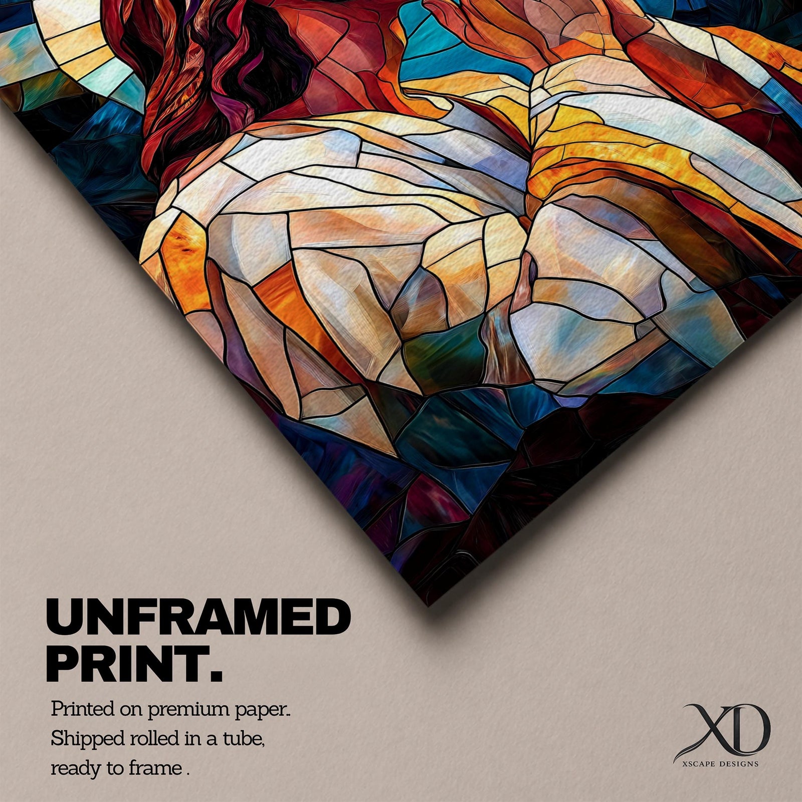 Modern stained glass style illustration of Jesus Christ shown praying with hands clasped and head bowed, portrayed with a calm expression and soft halo, composed of luminous jewel toned glass segments and radiant light patterns, rendered with clean lines and glowing color in a contemporary Christian devotional composition.
