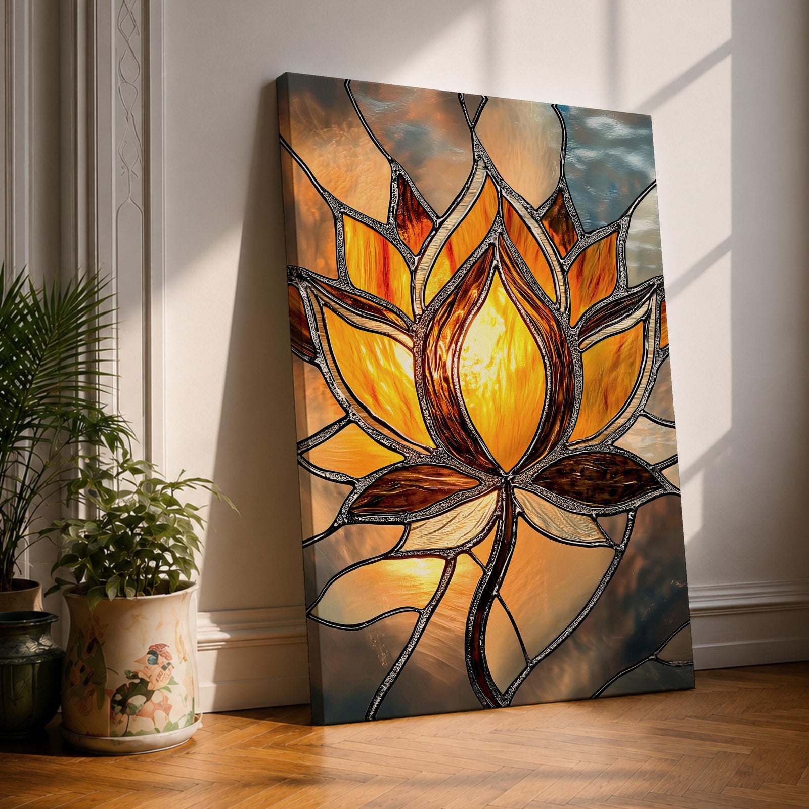 This artwork features a stained glass style depiction of a lotus flower with glowing amber and brown tones. The design mimics the segmented, textured look of stained glass panels, emphasizing the flower’s petals and stem in a mosaic-like arrangement, capturing a botanical and meditative essence.