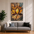 This artwork features a stained glass style depiction of a lotus flower with glowing amber and brown tones. The design mimics the segmented, textured look of stained glass panels, emphasizing the flower’s petals and stem in a mosaic-like arrangement, capturing a botanical and meditative essence.