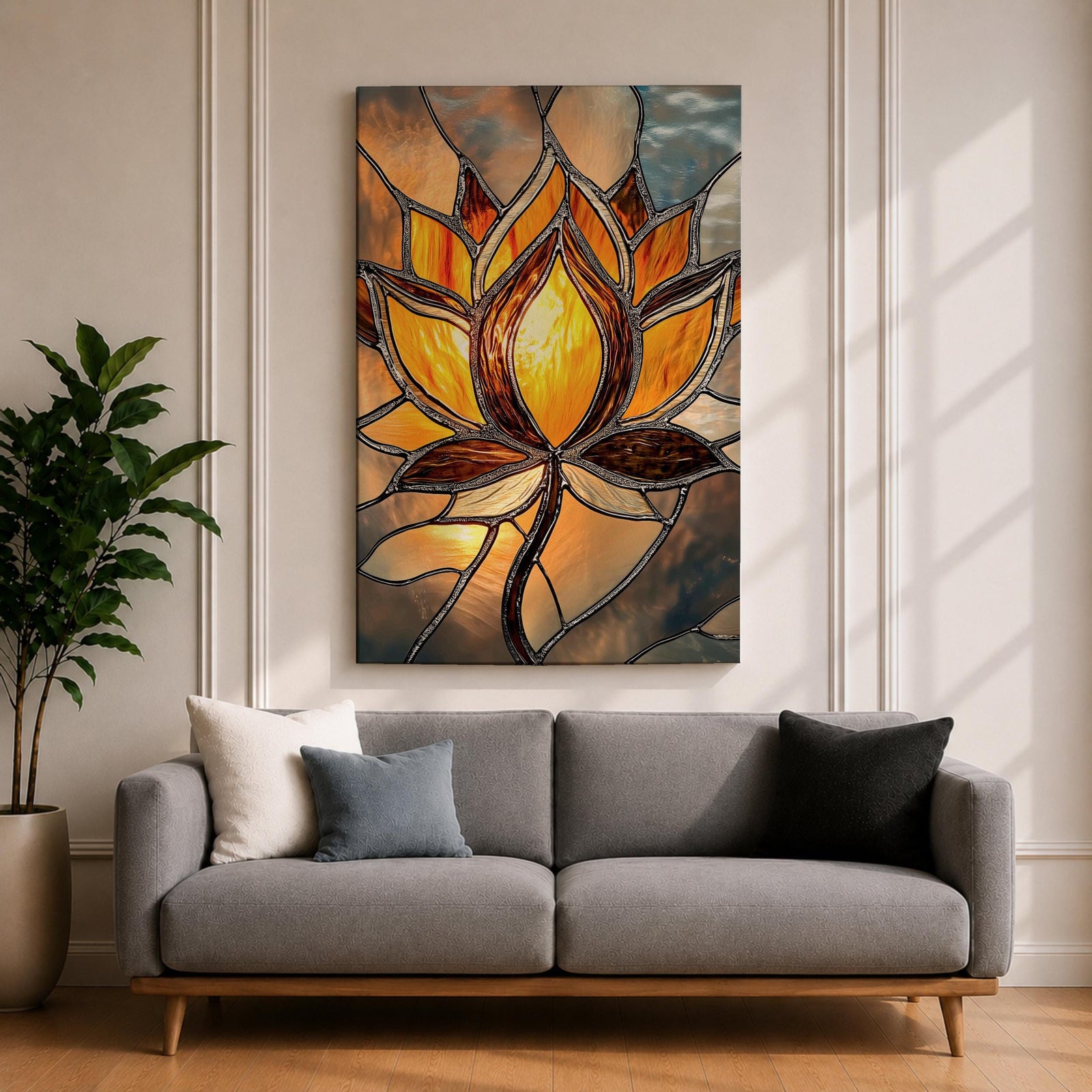 This artwork features a stained glass style depiction of a lotus flower with glowing amber and brown tones. The design mimics the segmented, textured look of stained glass panels, emphasizing the flower’s petals and stem in a mosaic-like arrangement, capturing a botanical and meditative essence.