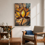 This artwork features a stained glass style depiction of a lotus flower with glowing amber and brown tones. The design mimics the segmented, textured look of stained glass panels, emphasizing the flower’s petals and stem in a mosaic-like arrangement, capturing a botanical and meditative essence.