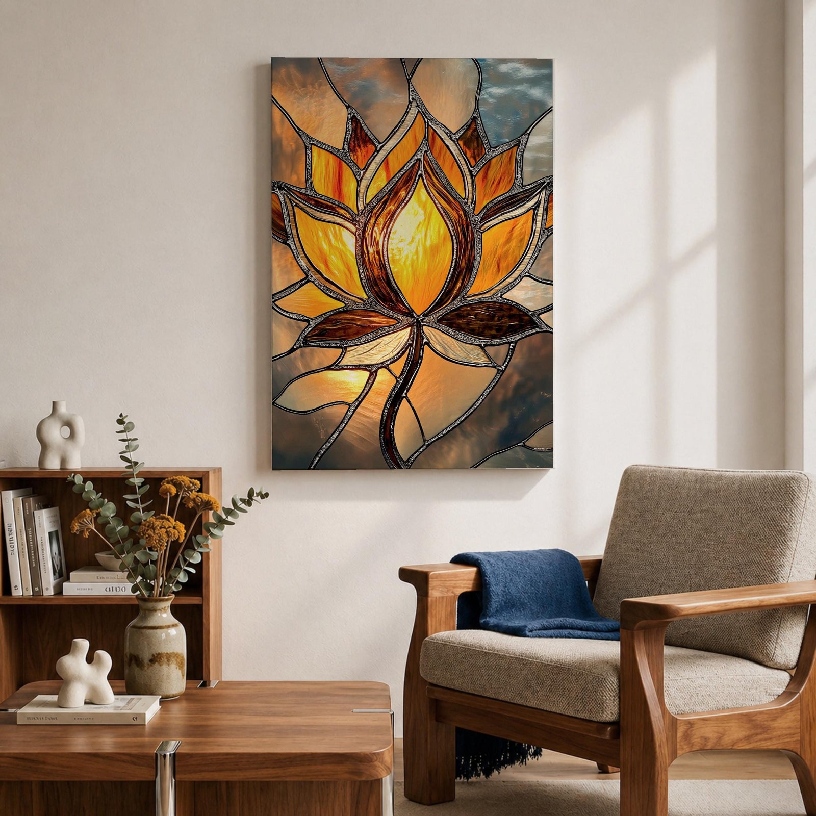 This artwork features a stained glass style depiction of a lotus flower with glowing amber and brown tones. The design mimics the segmented, textured look of stained glass panels, emphasizing the flower’s petals and stem in a mosaic-like arrangement, capturing a botanical and meditative essence.