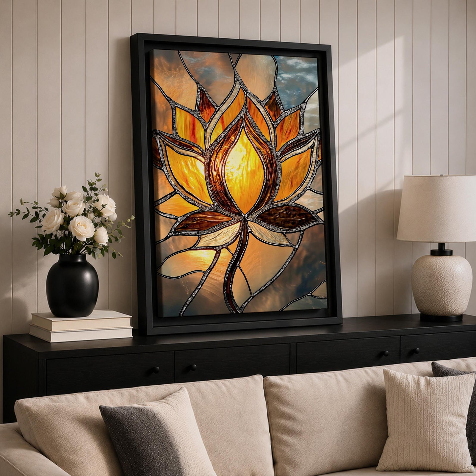 This artwork features a stained glass style depiction of a lotus flower with glowing amber and brown tones. The design mimics the segmented, textured look of stained glass panels, emphasizing the flower’s petals and stem in a mosaic-like arrangement, capturing a botanical and meditative essence.