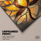 This artwork features a stained glass style depiction of a lotus flower with glowing amber and brown tones. The design mimics the segmented, textured look of stained glass panels, emphasizing the flower’s petals and stem in a mosaic-like arrangement, capturing a botanical and meditative essence.