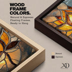 This artwork features a stained glass style depiction of a lotus flower with glowing amber and brown tones. The design mimics the segmented, textured look of stained glass panels, emphasizing the flower’s petals and stem in a mosaic-like arrangement, capturing a botanical and meditative essence.