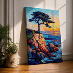 An impasto style painting of the Lone Cypress tree perched on a rocky cliff overlooking the ocean at sunset. The textured brush strokes create vibrant waves and a glowing sky, capturing the rugged coastal landscape with bold colors and dynamic composition.