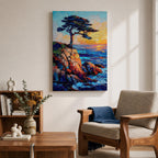 An impasto style painting of the Lone Cypress tree perched on a rocky cliff overlooking the ocean at sunset. The textured brush strokes create vibrant waves and a glowing sky, capturing the rugged coastal landscape with bold colors and dynamic composition.
