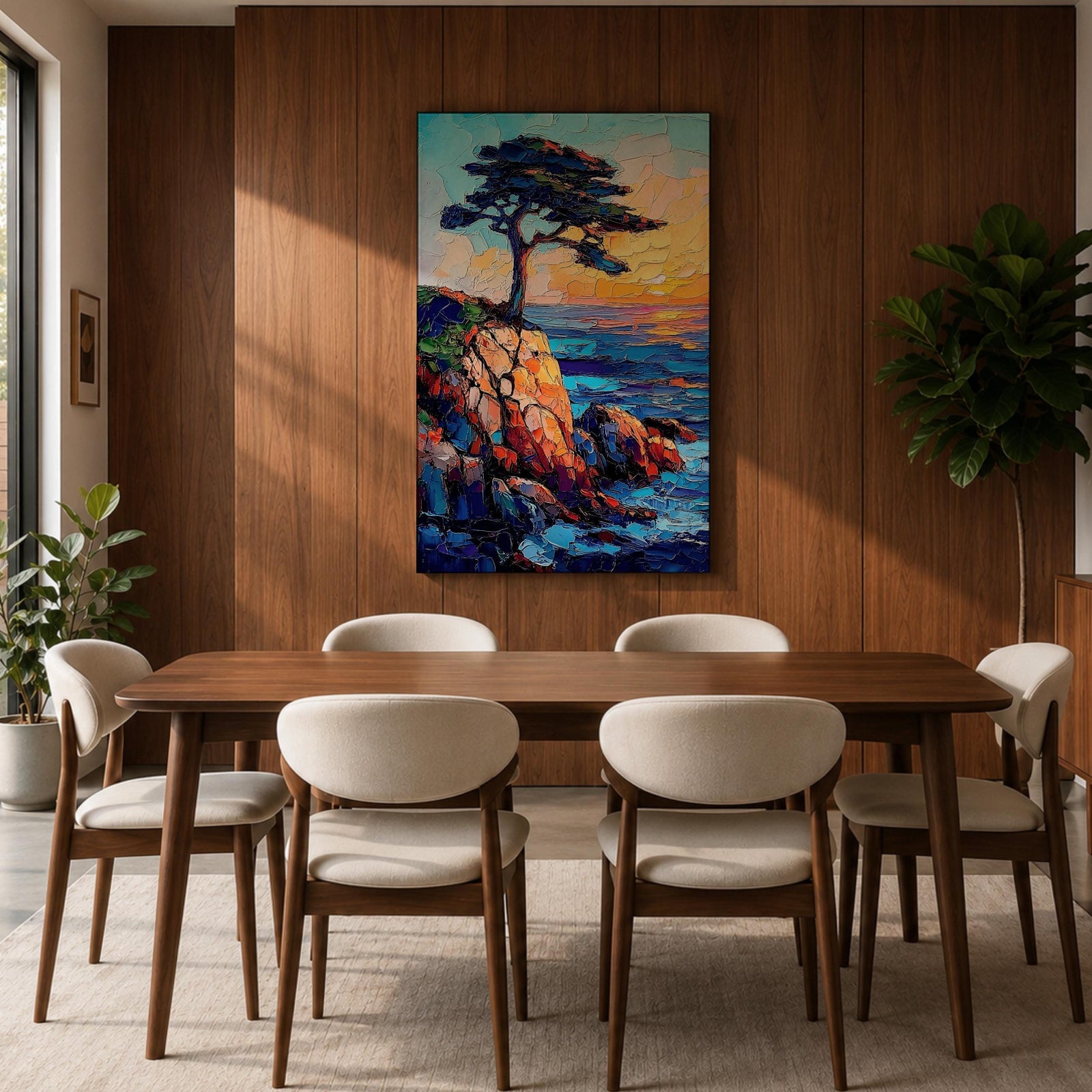 An impasto style painting of the Lone Cypress tree perched on a rocky cliff overlooking the ocean at sunset. The textured brush strokes create vibrant waves and a glowing sky, capturing the rugged coastal landscape with bold colors and dynamic composition.
