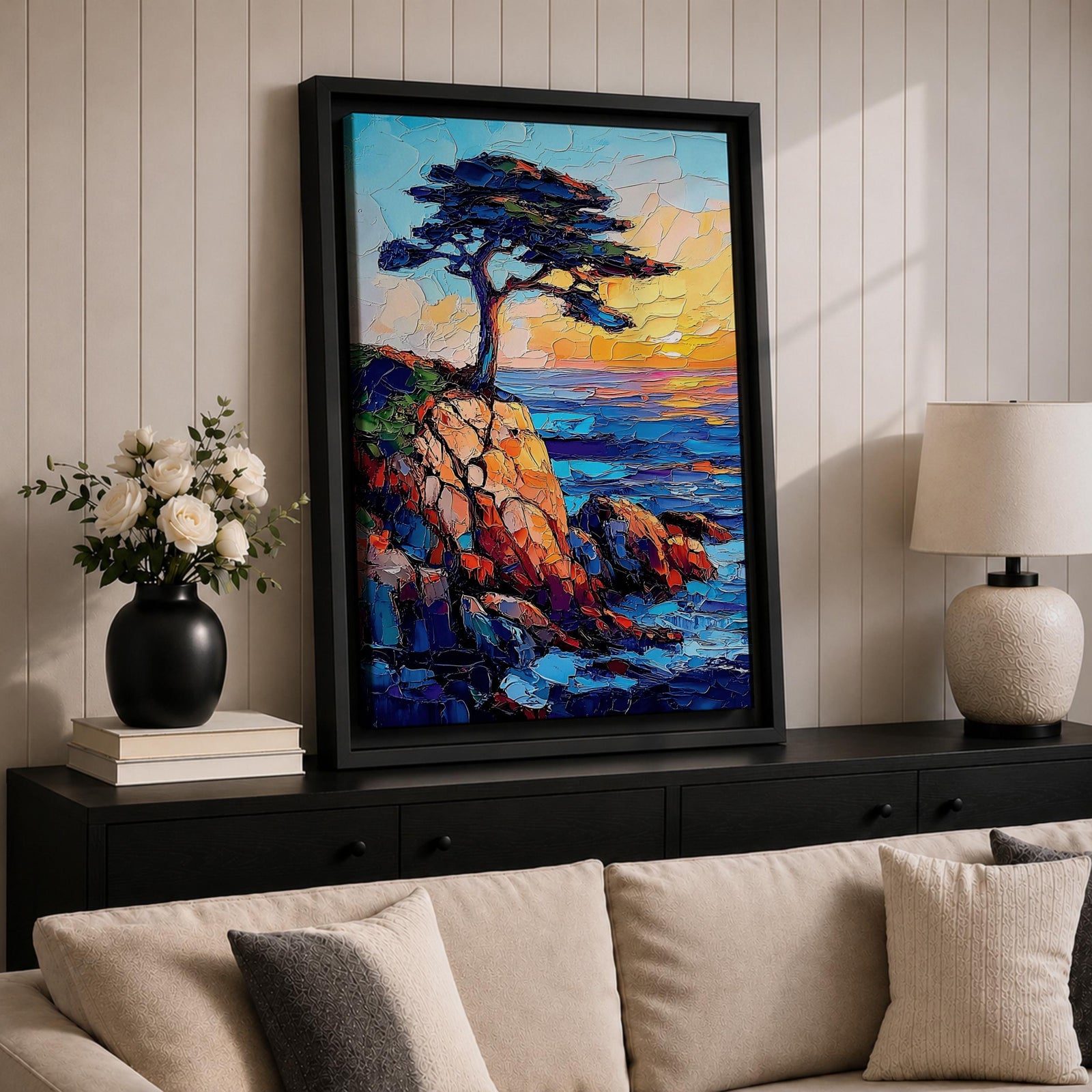 An impasto style painting of the Lone Cypress tree perched on a rocky cliff overlooking the ocean at sunset. The textured brush strokes create vibrant waves and a glowing sky, capturing the rugged coastal landscape with bold colors and dynamic composition.