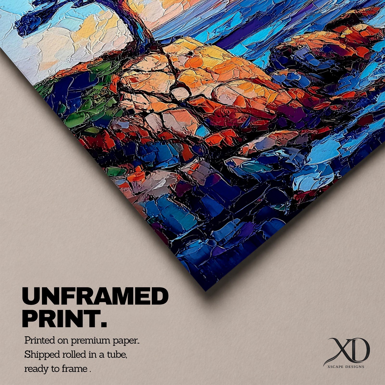 An impasto style painting of the Lone Cypress tree perched on a rocky cliff overlooking the ocean at sunset. The textured brush strokes create vibrant waves and a glowing sky, capturing the rugged coastal landscape with bold colors and dynamic composition.