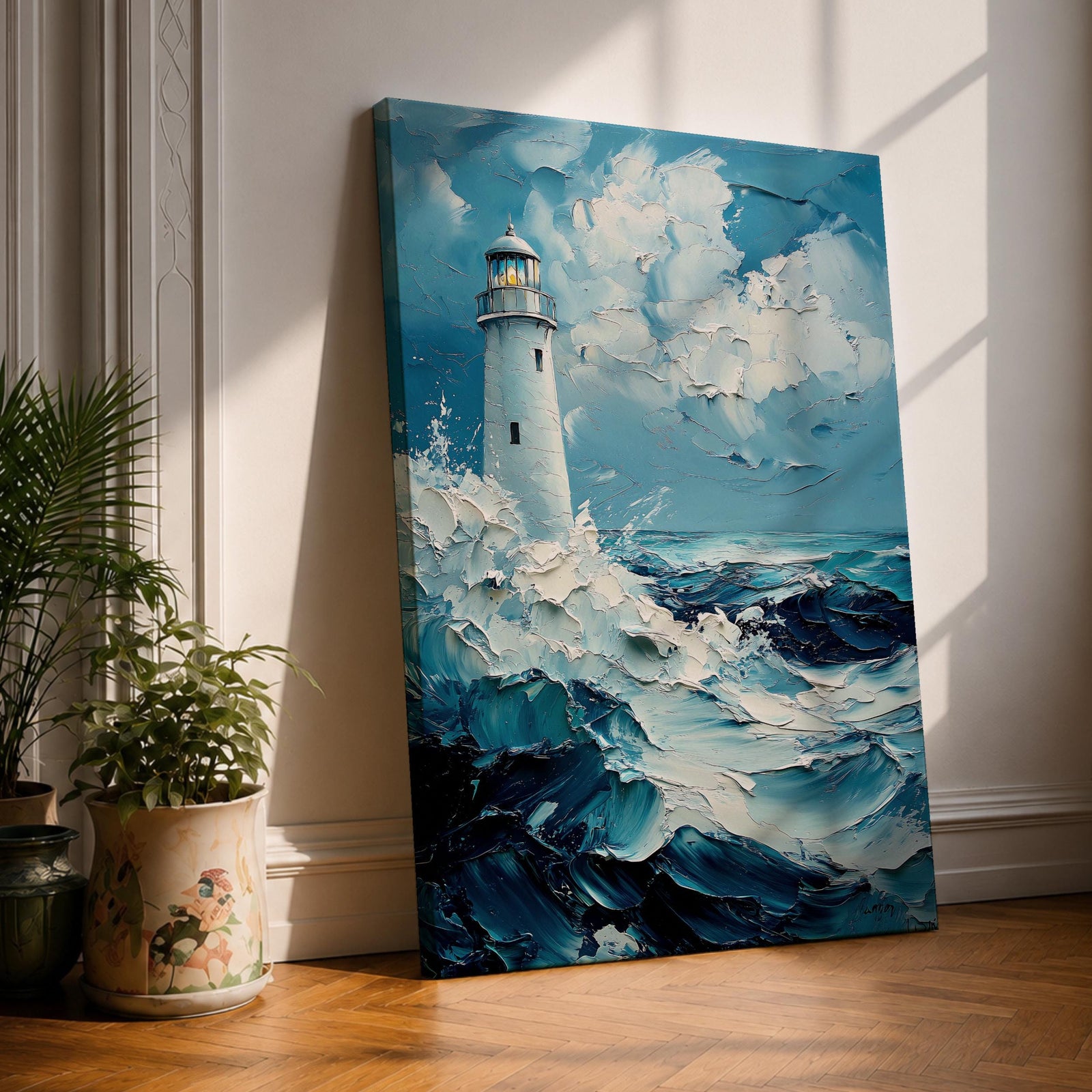 This impasto-style painting depicts a lighthouse standing tall amid crashing ocean waves under a cloudy sky. The thick textured brushstrokes create dynamic movement in the sea and clouds, emphasizing the coastal seascape theme with vivid depth and energy.