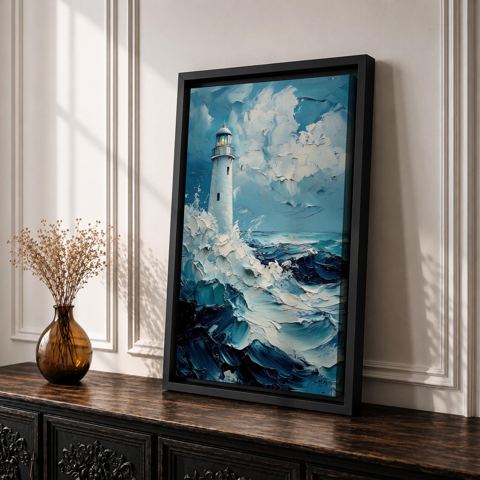 This impasto-style painting depicts a lighthouse standing tall amid crashing ocean waves under a cloudy sky. The thick textured brushstrokes create dynamic movement in the sea and clouds, emphasizing the coastal seascape theme with vivid depth and energy.