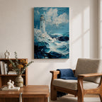 This impasto-style painting depicts a lighthouse standing tall amid crashing ocean waves under a cloudy sky. The thick textured brushstrokes create dynamic movement in the sea and clouds, emphasizing the coastal seascape theme with vivid depth and energy.