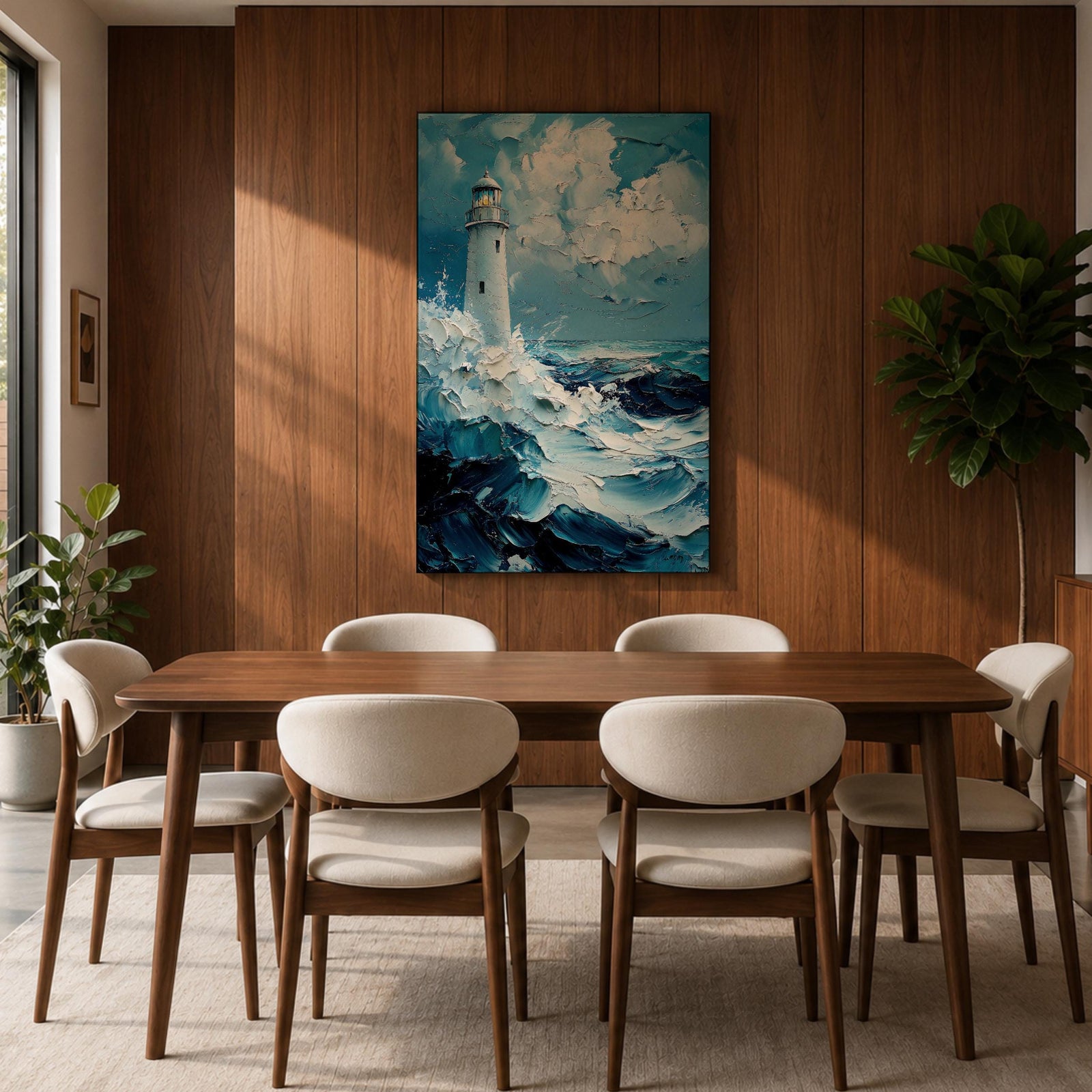 This impasto-style painting depicts a lighthouse standing tall amid crashing ocean waves under a cloudy sky. The thick textured brushstrokes create dynamic movement in the sea and clouds, emphasizing the coastal seascape theme with vivid depth and energy.