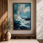 This impasto-style painting depicts a lighthouse standing tall amid crashing ocean waves under a cloudy sky. The thick textured brushstrokes create dynamic movement in the sea and clouds, emphasizing the coastal seascape theme with vivid depth and energy.