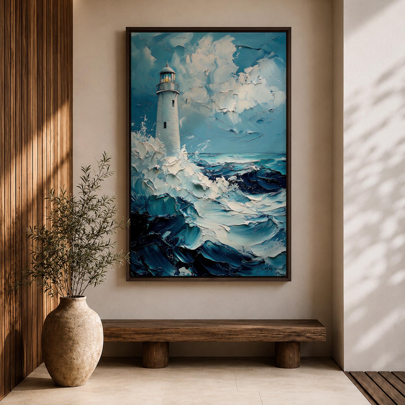 This impasto-style painting depicts a lighthouse standing tall amid crashing ocean waves under a cloudy sky. The thick textured brushstrokes create dynamic movement in the sea and clouds, emphasizing the coastal seascape theme with vivid depth and energy.