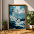 This impasto-style painting depicts a lighthouse standing tall amid crashing ocean waves under a cloudy sky. The thick textured brushstrokes create dynamic movement in the sea and clouds, emphasizing the coastal seascape theme with vivid depth and energy.