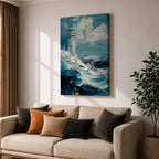 This impasto-style painting depicts a lighthouse standing tall amid crashing ocean waves under a cloudy sky. The thick textured brushstrokes create dynamic movement in the sea and clouds, emphasizing the coastal seascape theme with vivid depth and energy.