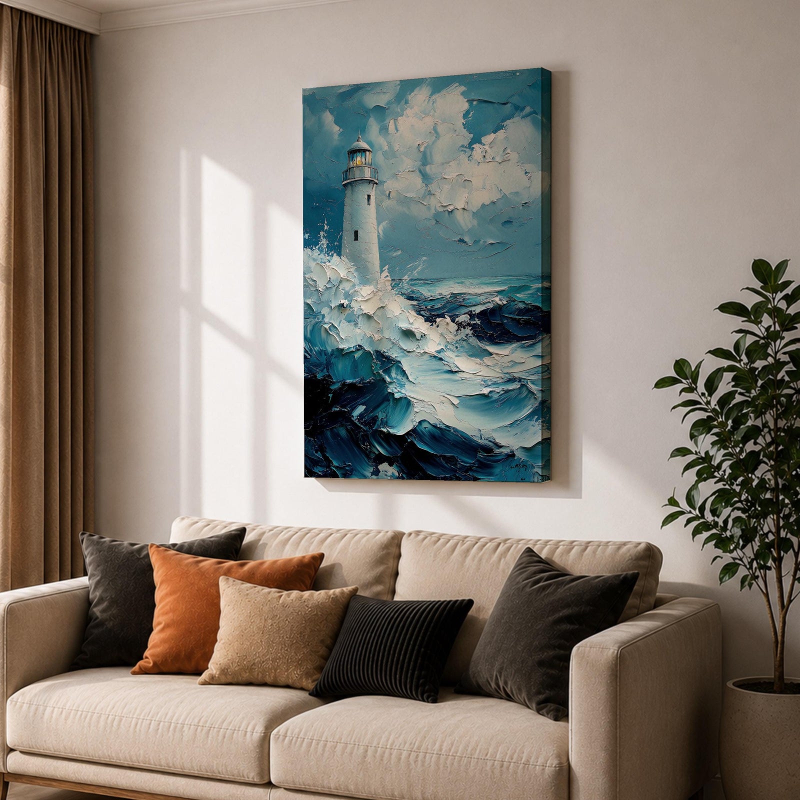 This impasto-style painting depicts a lighthouse standing tall amid crashing ocean waves under a cloudy sky. The thick textured brushstrokes create dynamic movement in the sea and clouds, emphasizing the coastal seascape theme with vivid depth and energy.