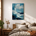 This impasto-style painting depicts a lighthouse standing tall amid crashing ocean waves under a cloudy sky. The thick textured brushstrokes create dynamic movement in the sea and clouds, emphasizing the coastal seascape theme with vivid depth and energy.