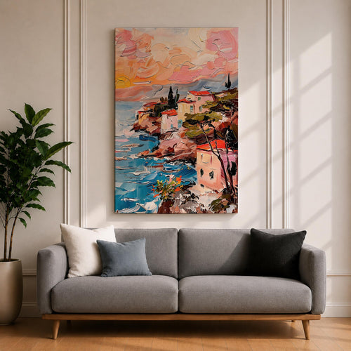 An impasto style painting depicting a coastal sunset seascape with textured brushstrokes showing a vibrant sky blending warm tones above a rocky shoreline and calm sea, capturing the natural beauty and dynamic movement of the Mediterranean coast in a landscape composition.