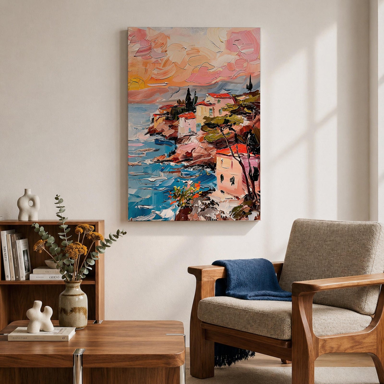 An impasto style painting depicting a coastal sunset seascape with textured brushstrokes showing a vibrant sky blending warm tones above a rocky shoreline and calm sea, capturing the natural beauty and dynamic movement of the Mediterranean coast in a landscape composition.