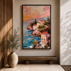 An impasto style painting depicting a coastal sunset seascape with textured brushstrokes showing a vibrant sky blending warm tones above a rocky shoreline and calm sea, capturing the natural beauty and dynamic movement of the Mediterranean coast in a landscape composition.