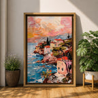 An impasto style painting depicting a coastal sunset seascape with textured brushstrokes showing a vibrant sky blending warm tones above a rocky shoreline and calm sea, capturing the natural beauty and dynamic movement of the Mediterranean coast in a landscape composition.