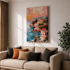 An impasto style painting depicting a coastal sunset seascape with textured brushstrokes showing a vibrant sky blending warm tones above a rocky shoreline and calm sea, capturing the natural beauty and dynamic movement of the Mediterranean coast in a landscape composition.