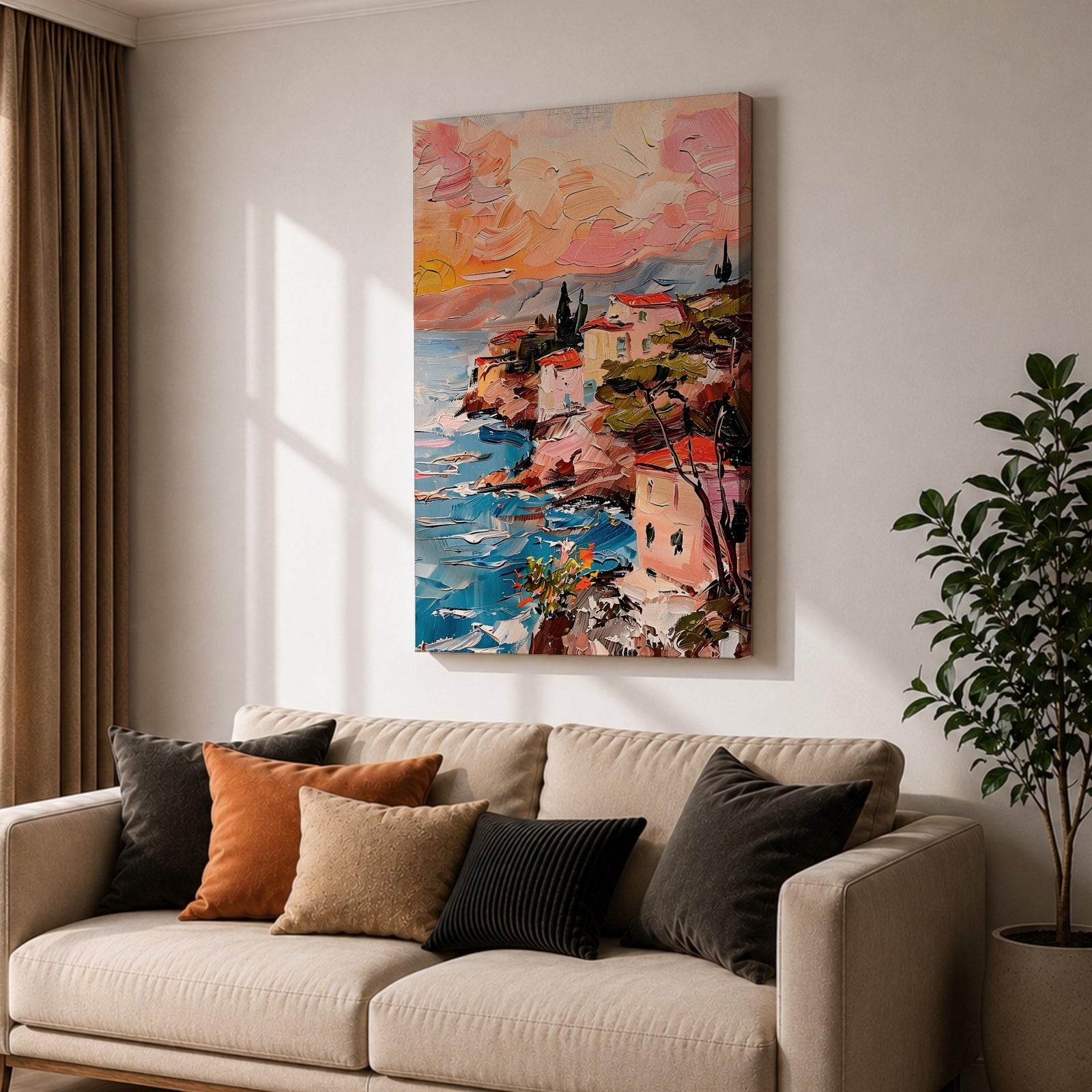 An impasto style painting depicting a coastal sunset seascape with textured brushstrokes showing a vibrant sky blending warm tones above a rocky shoreline and calm sea, capturing the natural beauty and dynamic movement of the Mediterranean coast in a landscape composition.