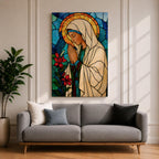 Modern stained glass style illustration of the Virgin Mary shown praying with hands clasped and head gently bowed, wearing flowing robes and a soft halo, composed of luminous jewel toned glass segments and radiant light patterns, rendered with clean lines and glowing color in a contemporary Marian devotional composition.