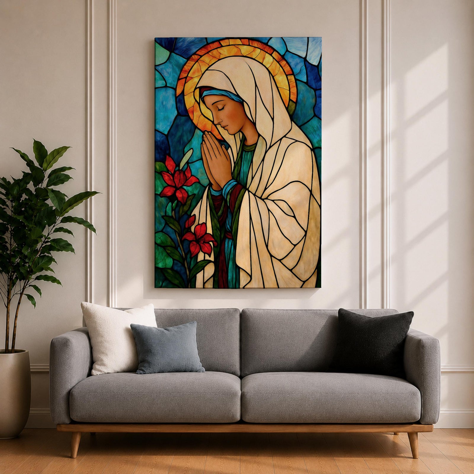 Modern stained glass style illustration of the Virgin Mary shown praying with hands clasped and head gently bowed, wearing flowing robes and a soft halo, composed of luminous jewel toned glass segments and radiant light patterns, rendered with clean lines and glowing color in a contemporary Marian devotional composition.