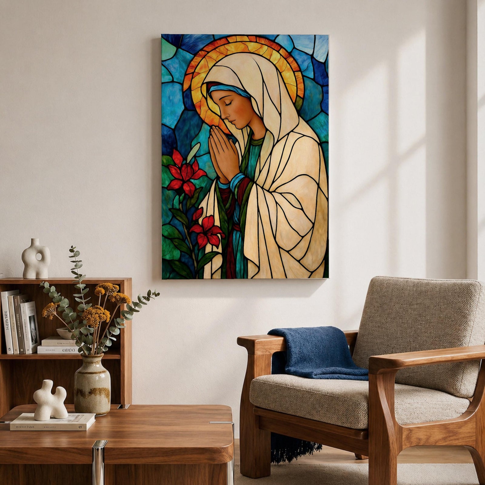 Modern stained glass style illustration of the Virgin Mary shown praying with hands clasped and head gently bowed, wearing flowing robes and a soft halo, composed of luminous jewel toned glass segments and radiant light patterns, rendered with clean lines and glowing color in a contemporary Marian devotional composition.