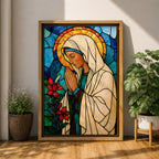 Modern stained glass style illustration of the Virgin Mary shown praying with hands clasped and head gently bowed, wearing flowing robes and a soft halo, composed of luminous jewel toned glass segments and radiant light patterns, rendered with clean lines and glowing color in a contemporary Marian devotional composition.