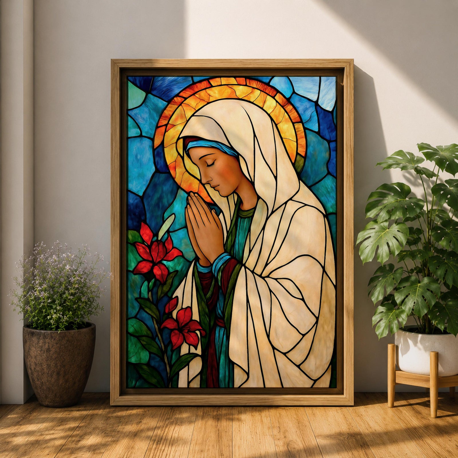 Modern stained glass style illustration of the Virgin Mary shown praying with hands clasped and head gently bowed, wearing flowing robes and a soft halo, composed of luminous jewel toned glass segments and radiant light patterns, rendered with clean lines and glowing color in a contemporary Marian devotional composition.