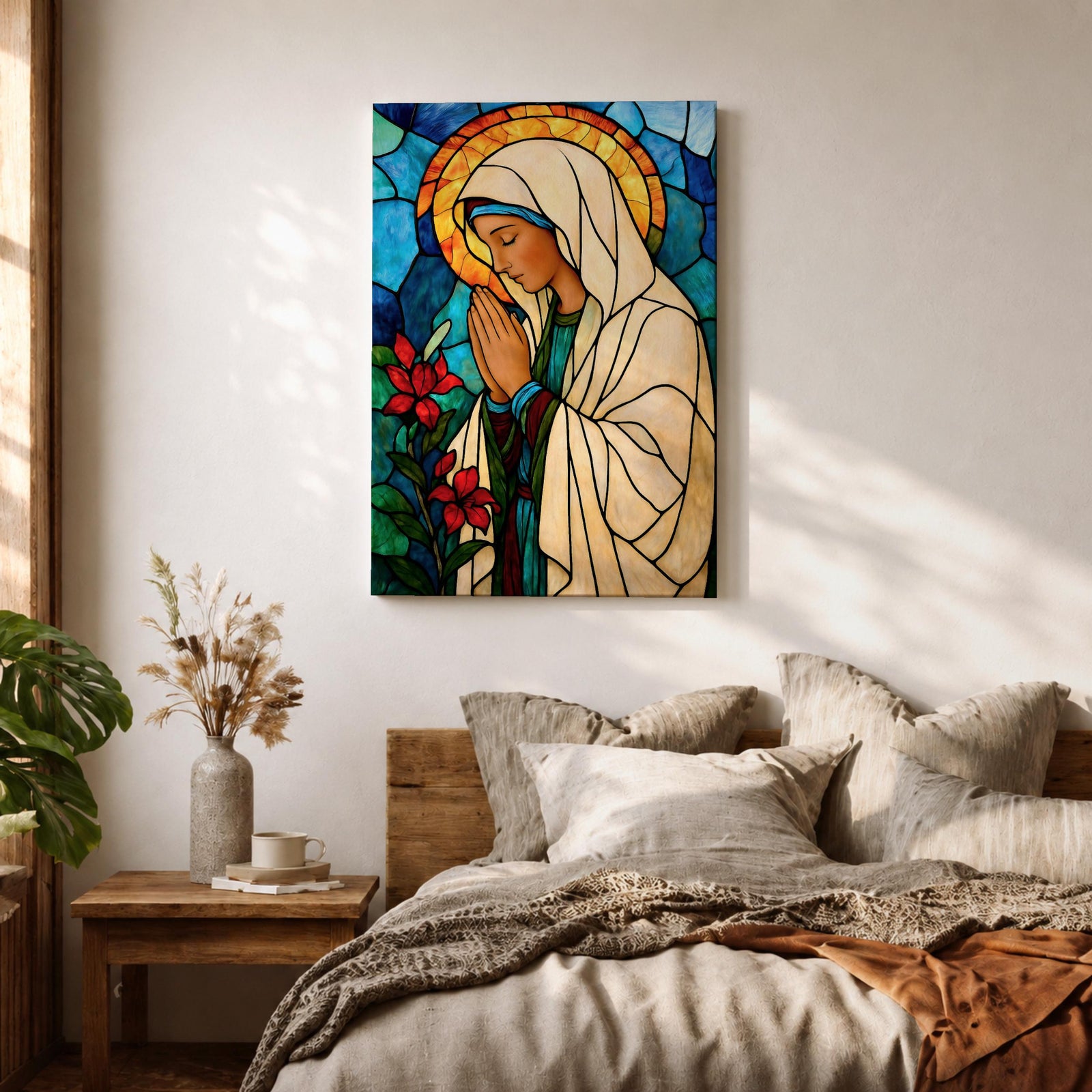 Modern stained glass style illustration of the Virgin Mary shown praying with hands clasped and head gently bowed, wearing flowing robes and a soft halo, composed of luminous jewel toned glass segments and radiant light patterns, rendered with clean lines and glowing color in a contemporary Marian devotional composition.