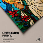 Modern stained glass style illustration of the Virgin Mary shown praying with hands clasped and head gently bowed, wearing flowing robes and a soft halo, composed of luminous jewel toned glass segments and radiant light patterns, rendered with clean lines and glowing color in a contemporary Marian devotional composition.