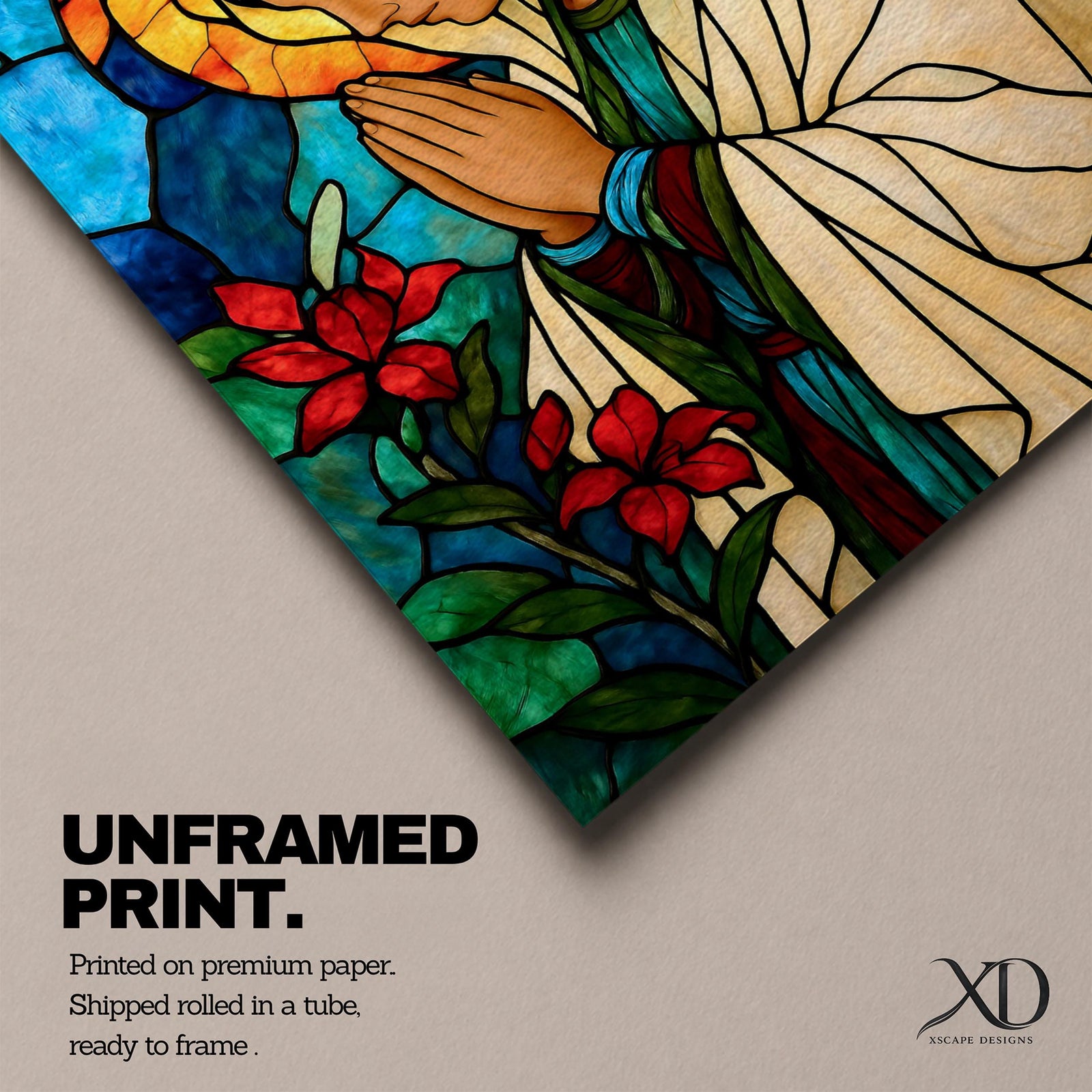 Modern stained glass style illustration of the Virgin Mary shown praying with hands clasped and head gently bowed, wearing flowing robes and a soft halo, composed of luminous jewel toned glass segments and radiant light patterns, rendered with clean lines and glowing color in a contemporary Marian devotional composition.