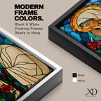 Modern stained glass style illustration of the Virgin Mary shown praying with hands clasped and head gently bowed, wearing flowing robes and a soft halo, composed of luminous jewel toned glass segments and radiant light patterns, rendered with clean lines and glowing color in a contemporary Marian devotional composition.