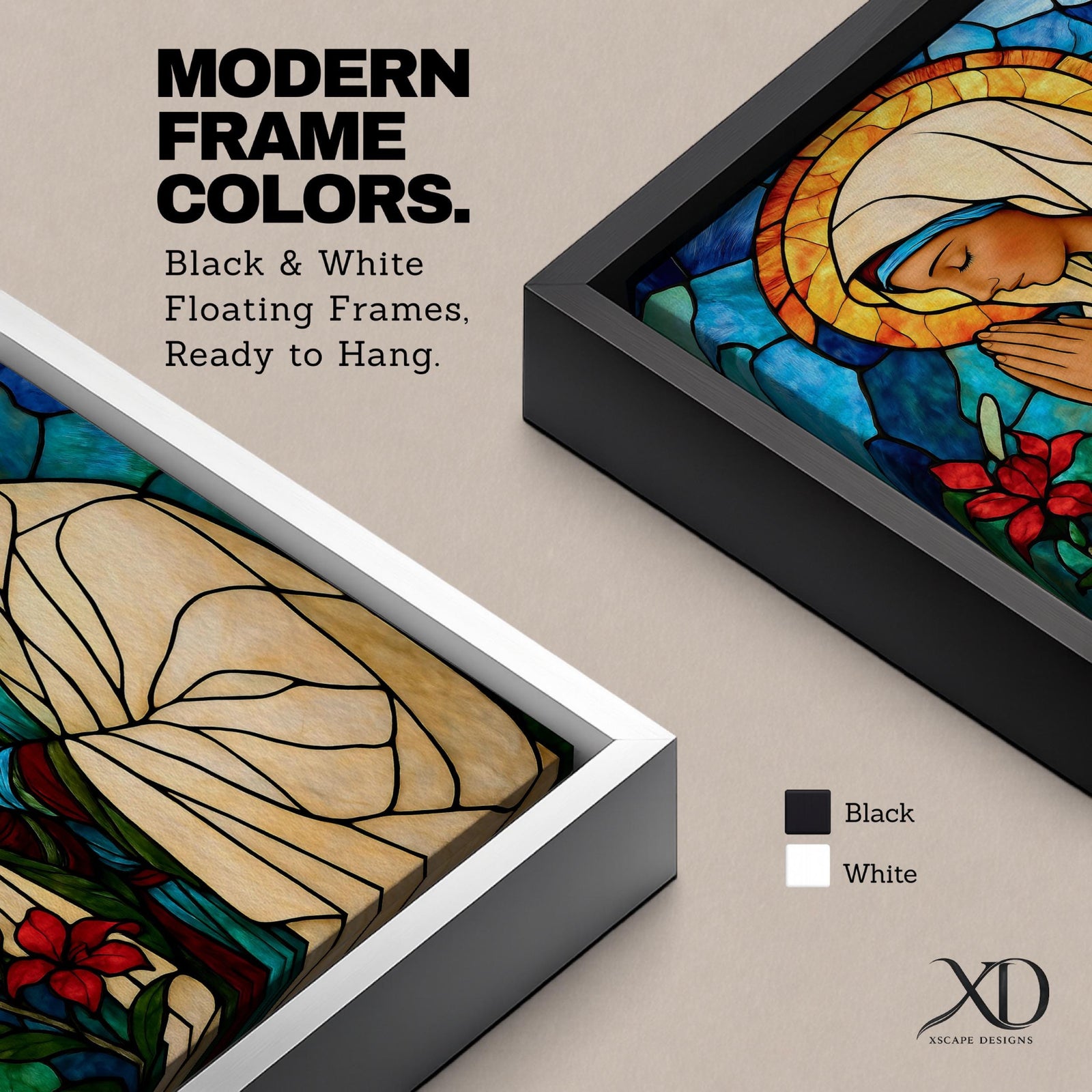 Modern stained glass style illustration of the Virgin Mary shown praying with hands clasped and head gently bowed, wearing flowing robes and a soft halo, composed of luminous jewel toned glass segments and radiant light patterns, rendered with clean lines and glowing color in a contemporary Marian devotional composition.