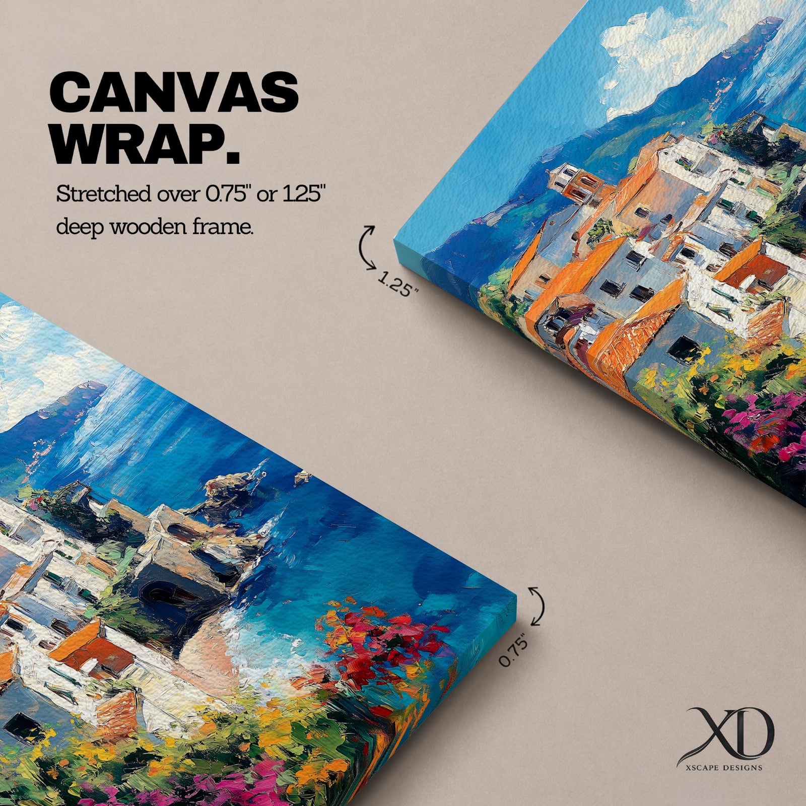 This impasto style framed canvas depicts the Amalfi Coast featuring a cluster of Italian villas with terracotta roofs perched on cliffs overlooking a vibrant blue Mediterranean sea under a partly cloudy sky, with colorful flowers in the foreground enhancing the coastal landscape scene.
