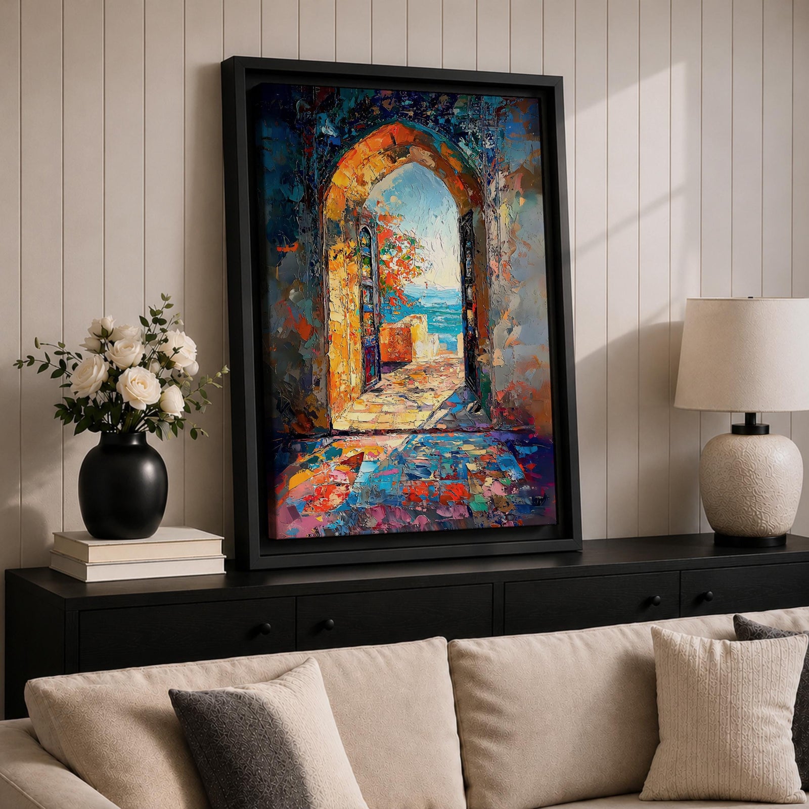 This impasto style painting depicts a Moroccan archway opening to a vibrant ocean view with bright sunlight illuminating textured stone walls and colorful mosaic floor tiles, capturing the essence of Moorish architectural design and coastal cultural scenery.