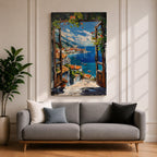 A vibrant framed canvas painting depicting a Mediterranean window opening to a coastal seaside view with terracotta rooftops, boats on deep blue ocean waters, and distant mountains under a bright sky. The artwork captures a scenic landscape with detailed brushstrokes and rich textures.