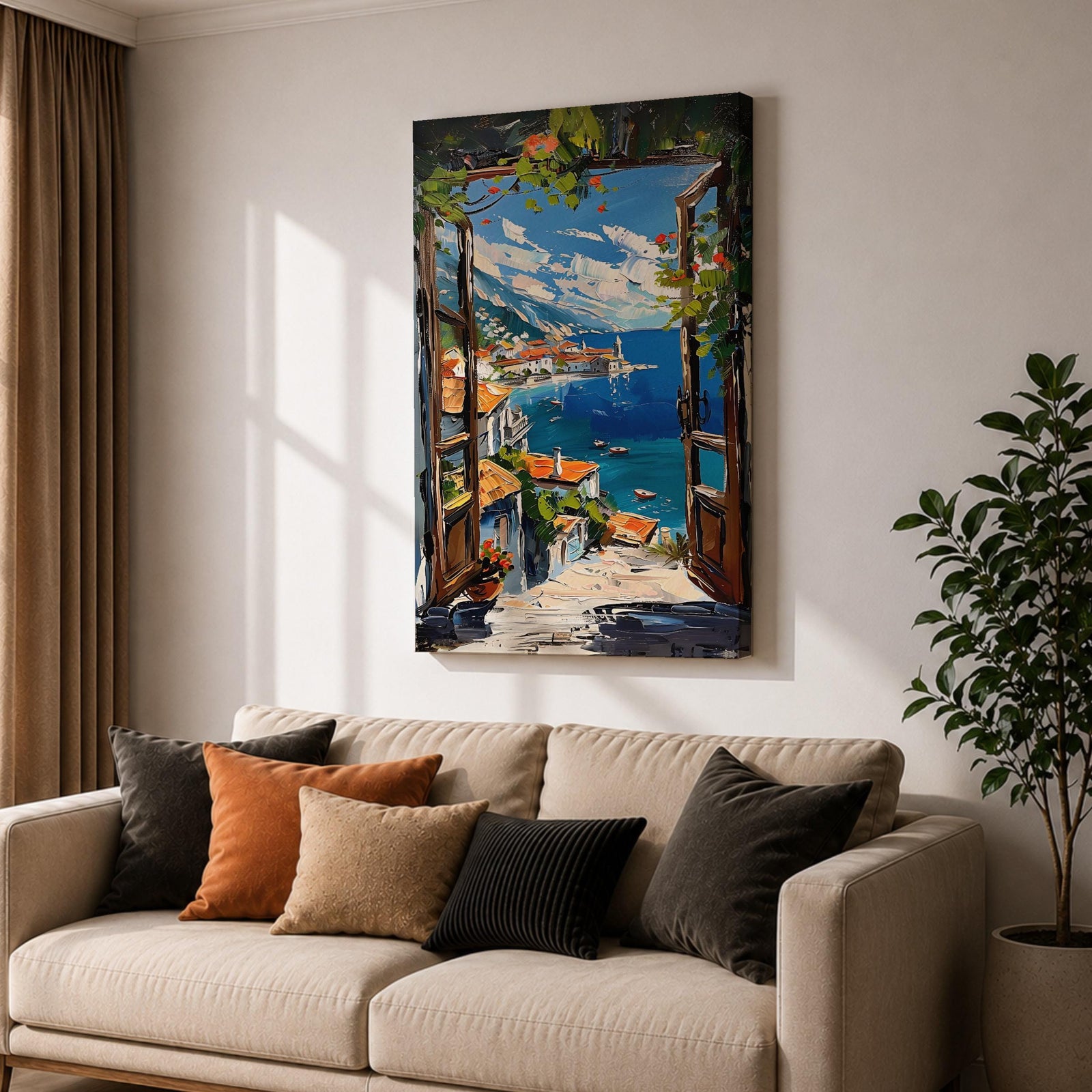 A vibrant framed canvas painting depicting a Mediterranean window opening to a coastal seaside view with terracotta rooftops, boats on deep blue ocean waters, and distant mountains under a bright sky. The artwork captures a scenic landscape with detailed brushstrokes and rich textures.