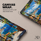A vibrant framed canvas painting depicting a Mediterranean window opening to a coastal seaside view with terracotta rooftops, boats on deep blue ocean waters, and distant mountains under a bright sky. The artwork captures a scenic landscape with detailed brushstrokes and rich textures.