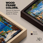 A vibrant framed canvas painting depicting a Mediterranean window opening to a coastal seaside view with terracotta rooftops, boats on deep blue ocean waters, and distant mountains under a bright sky. The artwork captures a scenic landscape with detailed brushstrokes and rich textures.